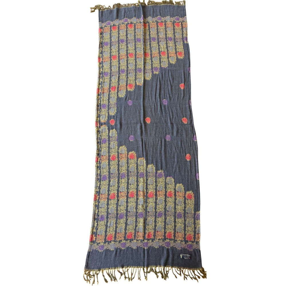 Pashmina Artisanal Made Scarf Blue Gray Gold Floral Fringed Made in Morocco